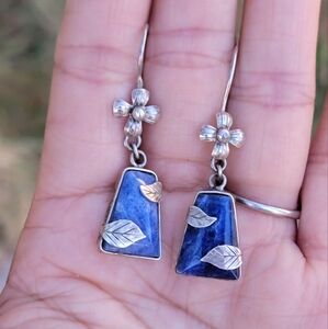 Handmade artisan 925 sterling silver sodalite flower leaves earrings